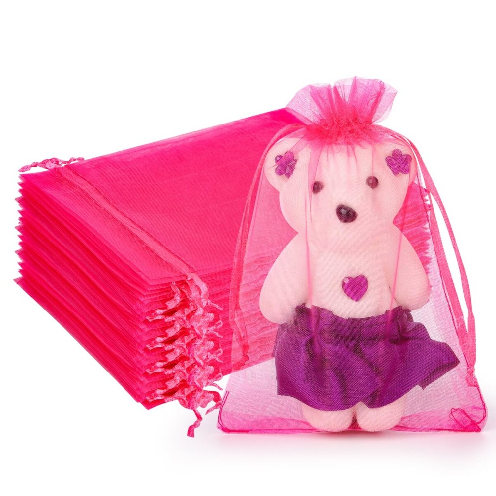 Hopttreely 100pcs Organza Bags, Hot Pink Mesh Drawstring Gift Bags, 4x6inch Jewelry Pouches Small Sachet for Christmas Candy Party Favor