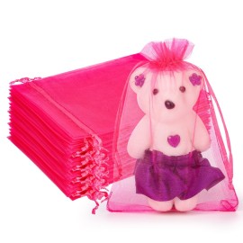 Hopttreely 100pcs Organza Bags, Hot Pink Mesh Drawstring Gift Bags, 4x6inch Jewelry Pouches Small Sachet for Christmas Candy Party Favor