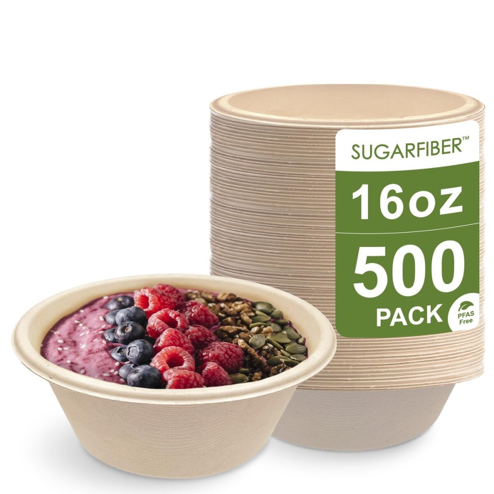 [500 Count]Harvest Pack 16oz PFAS FREE Round Paper Bowls Bulk, Compostable Heavy-Duty Eco-Friendly Disposable Bagasse Acai Bowls, Sugarcane Natural plant fibers for Meal Prep Takeout Dinnerware
