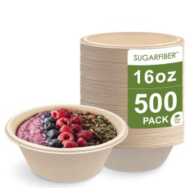 [500 Count]Harvest Pack 16oz PFAS FREE Round Paper Bowls Bulk, Compostable Heavy-Duty Eco-Friendly Disposable Bagasse Acai Bowls, Sugarcane Natural plant fibers for Meal Prep Takeout Dinnerware