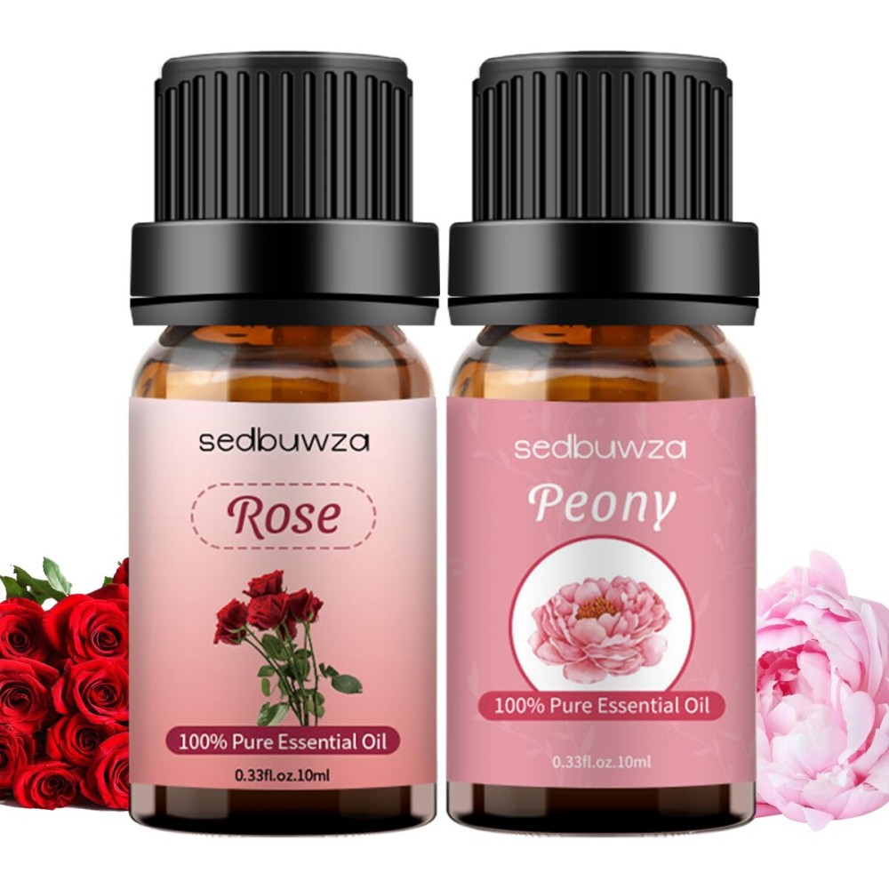 Sedbuwza Rose Peony Essential Oil Set, Rose Fragrance Oil Peony Scent Oil Set for Diffuser, Aromatherapy, Massage, Soap, Candle Making 2 x 10 ml