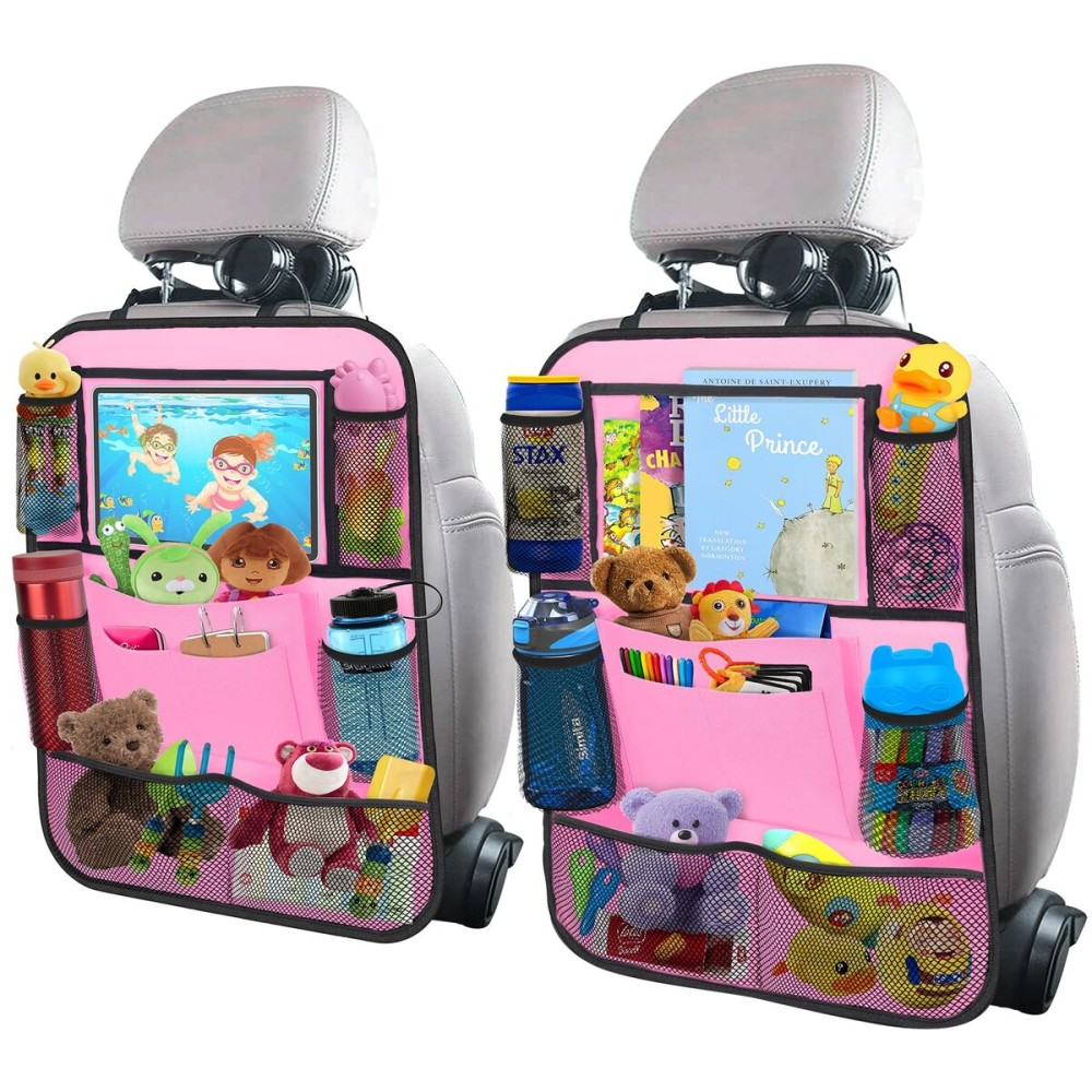 ULEEKA Car Backseat Organizer with 11 Table Holder, 10 Storage Pockets Seat Back Protectors Kick Mats for Kids Toddlers, Travel Accessories, 2 Pack, Pink