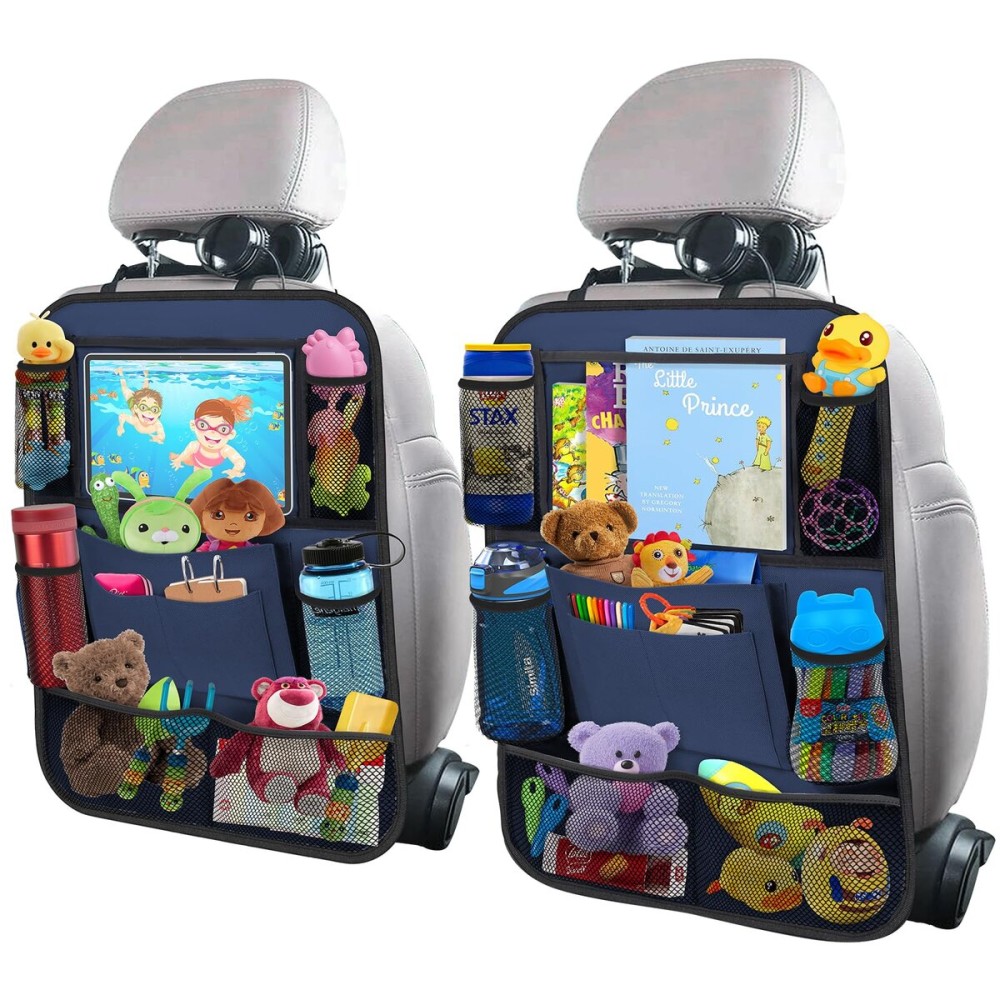 ULEEKA Car Backseat Organizer with 11 Table Holder, 10 Storage Pockets Seat Back Protectors Kick Mats for Kids Toddlers, Travel Accessories, 2 Pack, Blue