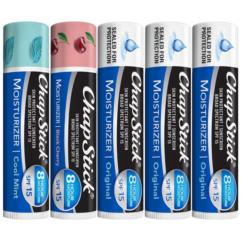 ChapStick Lip Balm Moisturizer 2-in-1 Lipcare SPF 15 Bundle - Original, Black Cherry, and Cool Mint, 0.15 Oz Ea (5 Piece Set)