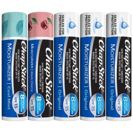 ChapStick Lip Balm Moisturizer 2-in-1 Lipcare SPF 15 Bundle - Original, Black Cherry, and Cool Mint, 0.15 Oz Ea (5 Piece Set)