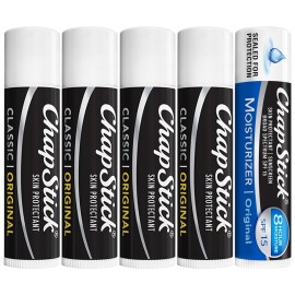 ChapStick Original Lip Balm 4-Pack + 1 Chapstick Moisturizer 2-in-1 Lipcare with SPF 15, 0.15 Oz Ea (5 Piece Set)
