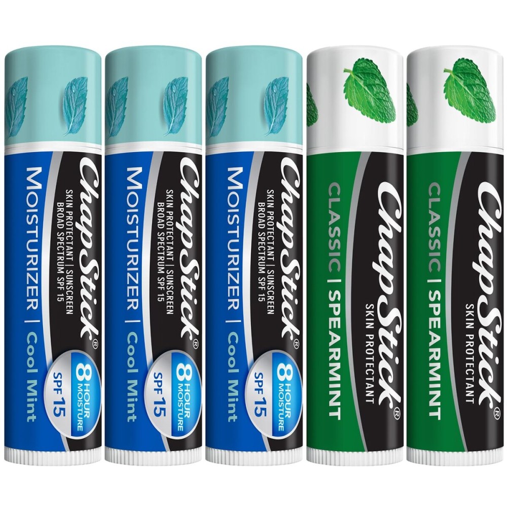 ChapStick Moisturizer 2-in-1 Lipcare SPF 15 Cool Mint 3-Pack + Classic Spearmint Lip Balm 2-Pack, 0.15 Oz Ea (5 Piece Set)