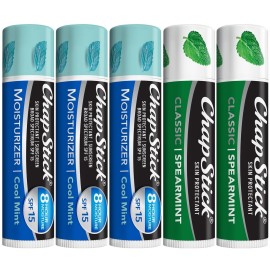 ChapStick Moisturizer 2-in-1 Lipcare SPF 15 Cool Mint 3-Pack + Classic Spearmint Lip Balm 2-Pack, 0.15 Oz Ea (5 Piece Set)