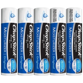 ChapStick Moisturizer 2-in-1 Lipcare 5-Pack (SPF 12 & 15) - Original Lip Balm with Broad Spectrum SPF, Aloe & Vitamin E, 0.15 Oz Ea