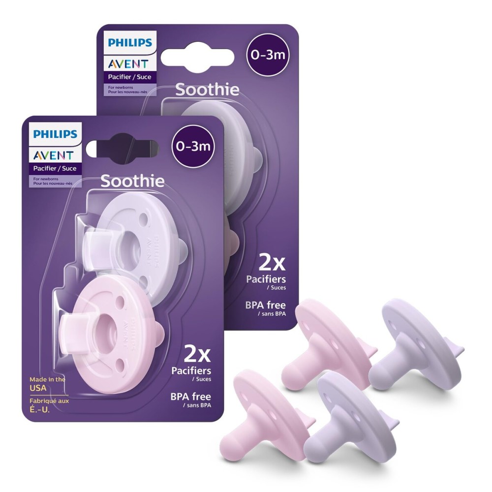 Philips Avent Soothie Orthodontic Baby Pacifiers, 100% Silicone Pacifiers, One Piece, BPA-Free, for Babies 0-3 Months, 2 Lilac and 2 Pink, 4 Pack, Model SCF190/70