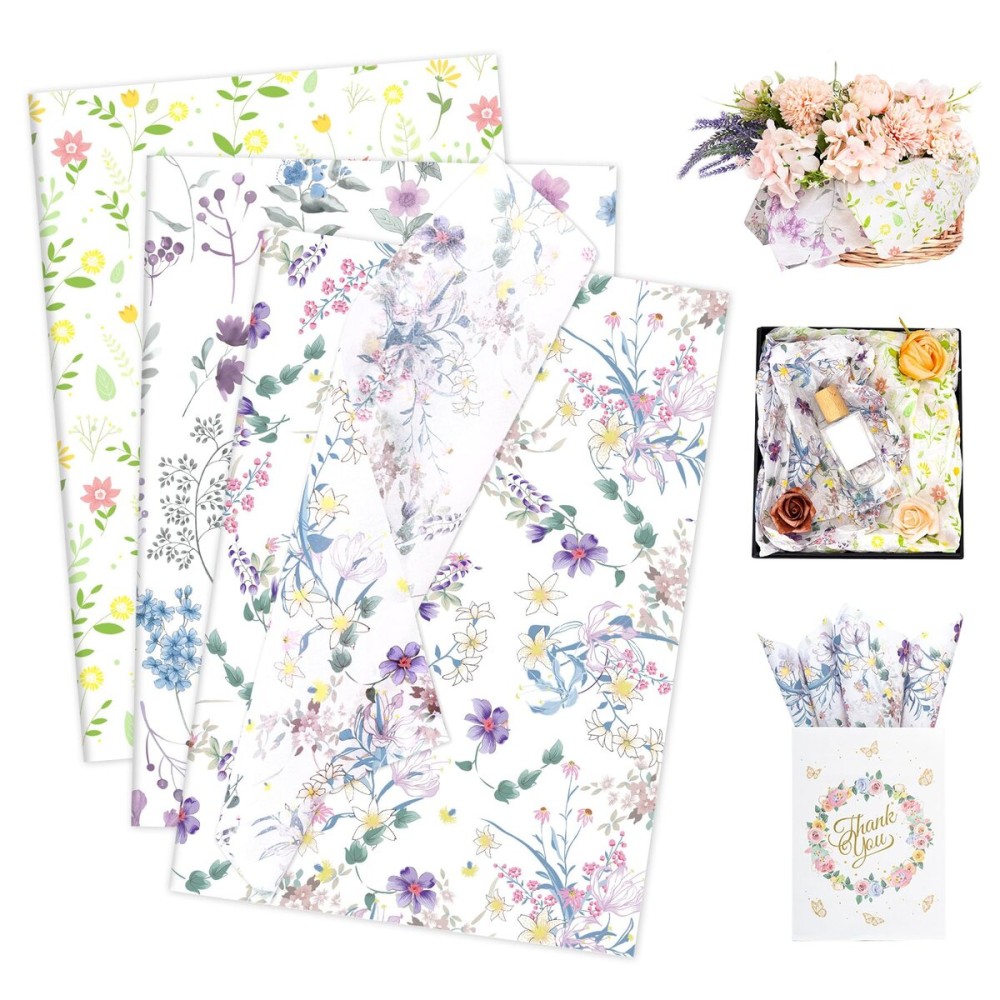 Larcenciel 60 Sheets Vintage Floral Tissue Paper, Wild Flowers Art Tissue Paper for Gift Bags & Packaging, Colorful Watercolor Gift Wrapping Supplies for Crafts Christmas Holiday Wedding,13.8x19.7inch