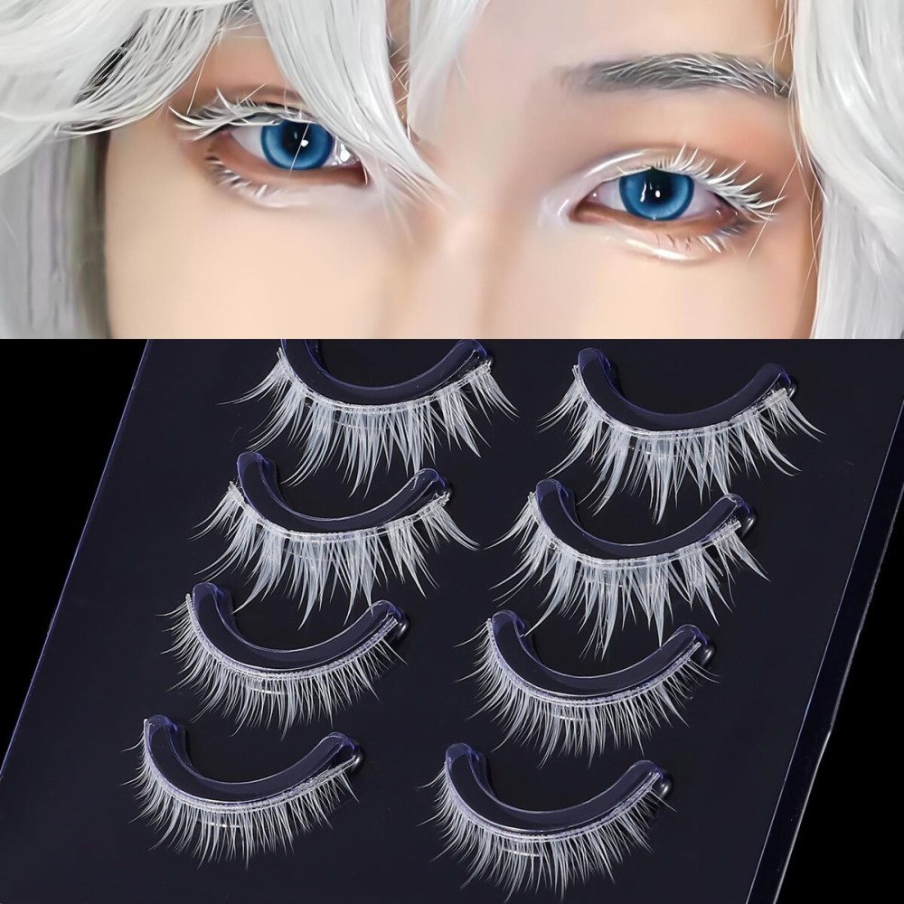 outopen White False Eyelashes Halloween White Eye lashes Extension Tools Anime Cosplay Makeup Natural Looking Masquerade Party Eyelashes (A05-White Manga Lashes 4 Pairs(Upper&Bottom))