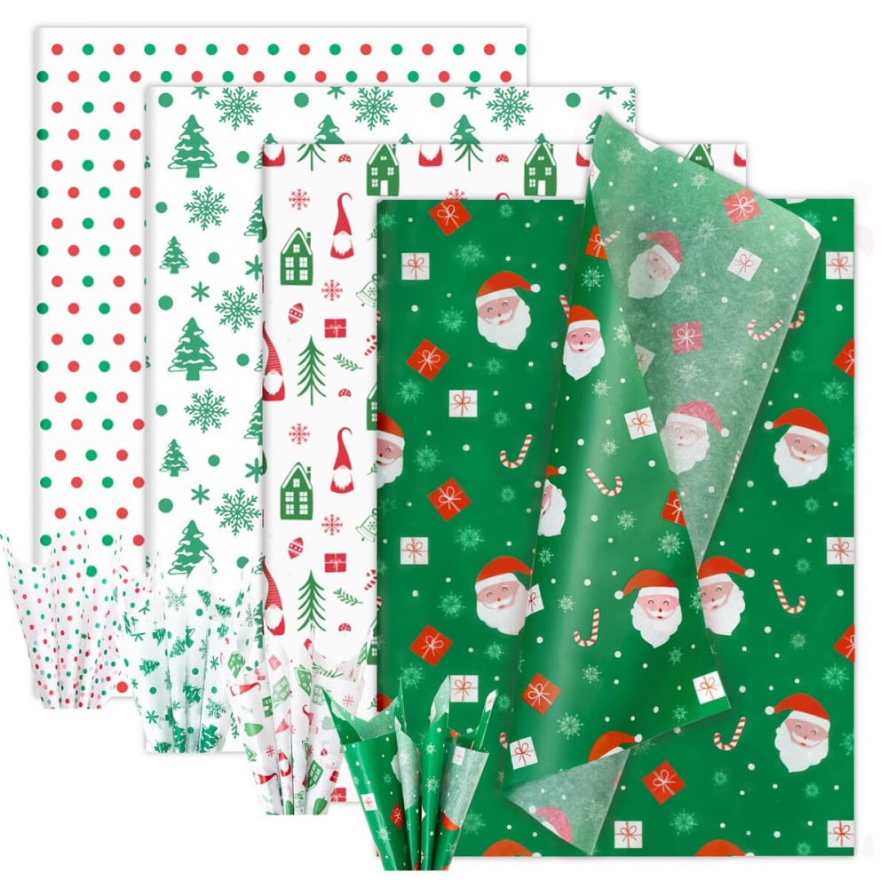 Larcenciel Christmas Tissue Paper - 60 Vintage Green & Red Sheets, Santa Snowflakes Xmas Wrapping Paper for Gift Bags, Gift Wrap, Crafts, Party Decor - 20x14in