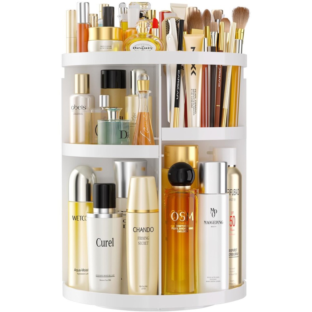 HEMTROY Makeup Organizer 360 rotating, Adjustable Skincare Organizers with Brush Holder, Cosmetics Display Cases for Vanity Bathroom Countertop Large Capacity Carousel Make up Caddy Shelf (White)