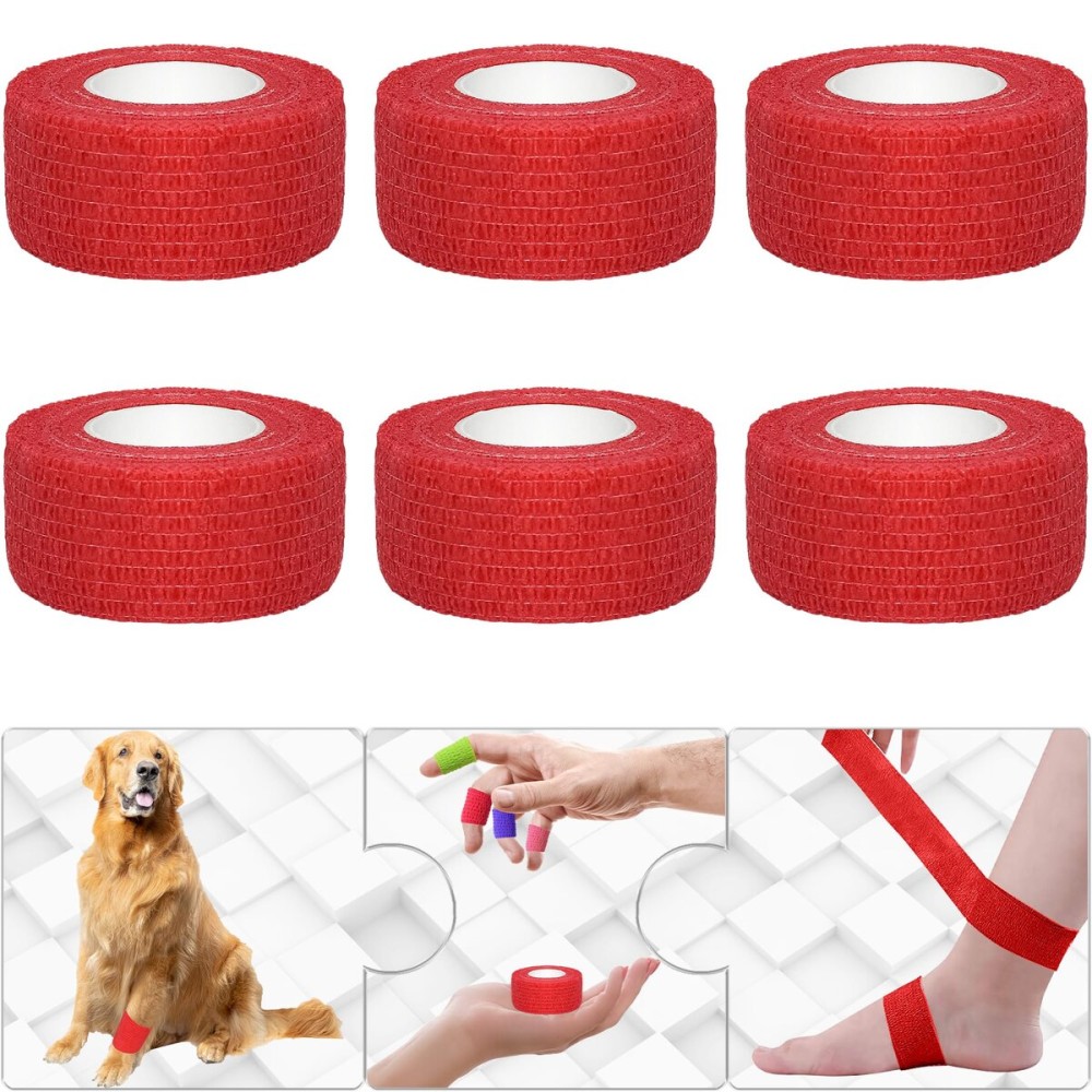 Twavang 6 Pack 1 Inches Self Adhesive Bandage Wrap Breathable Cohesive Bandage Elastic Tape for Pets, Athletic, Sports, Wrist, Knee, Ankle(5 Yards Per Roll, Red)