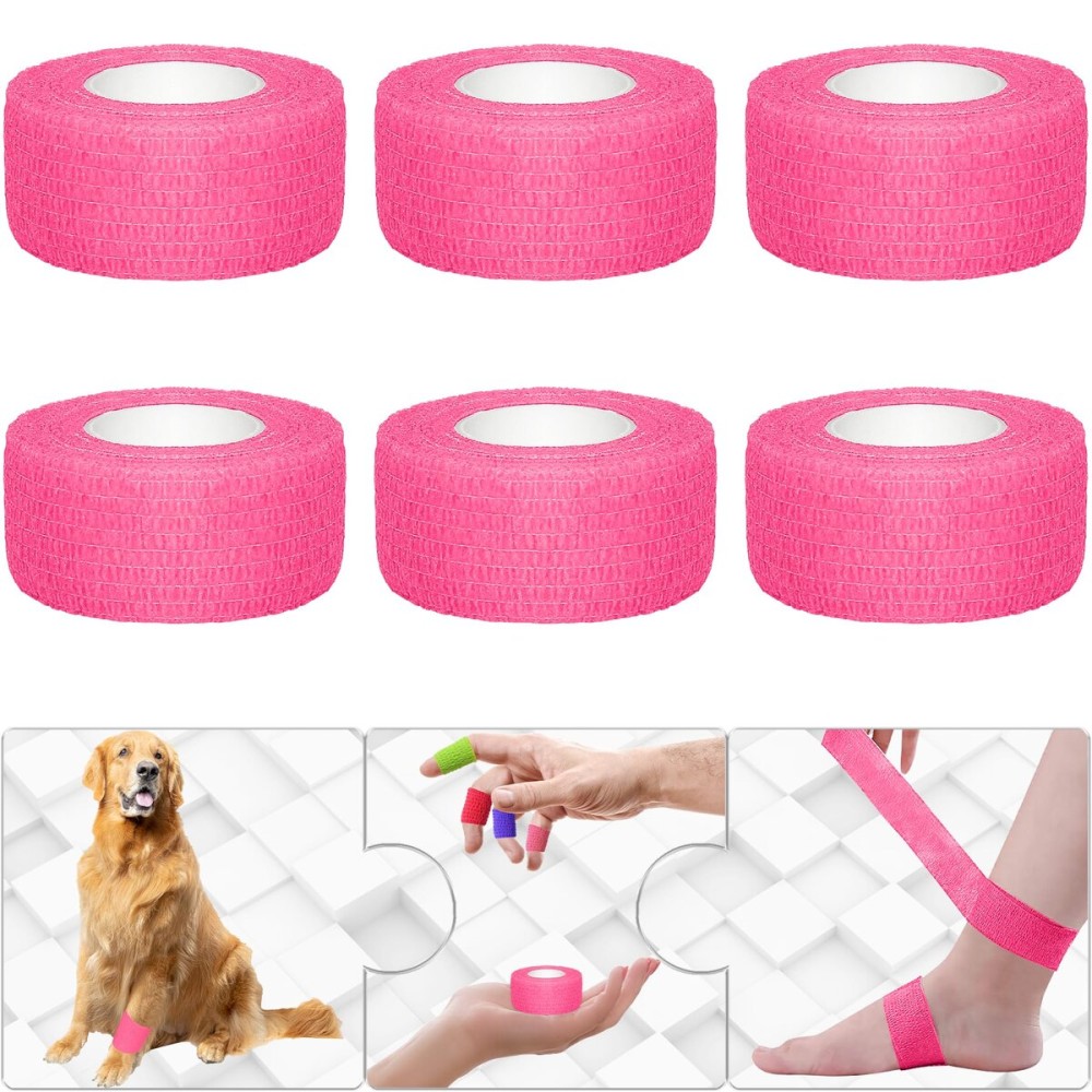 Twavang 6 Pack 1 Inches Self Adhesive Bandage Wrap Breathable Cohesive Bandage Elastic Tape for Pets, Athletic, Sports, Wrist, Knee, Ankle(5 Yards Per Roll, Pink)