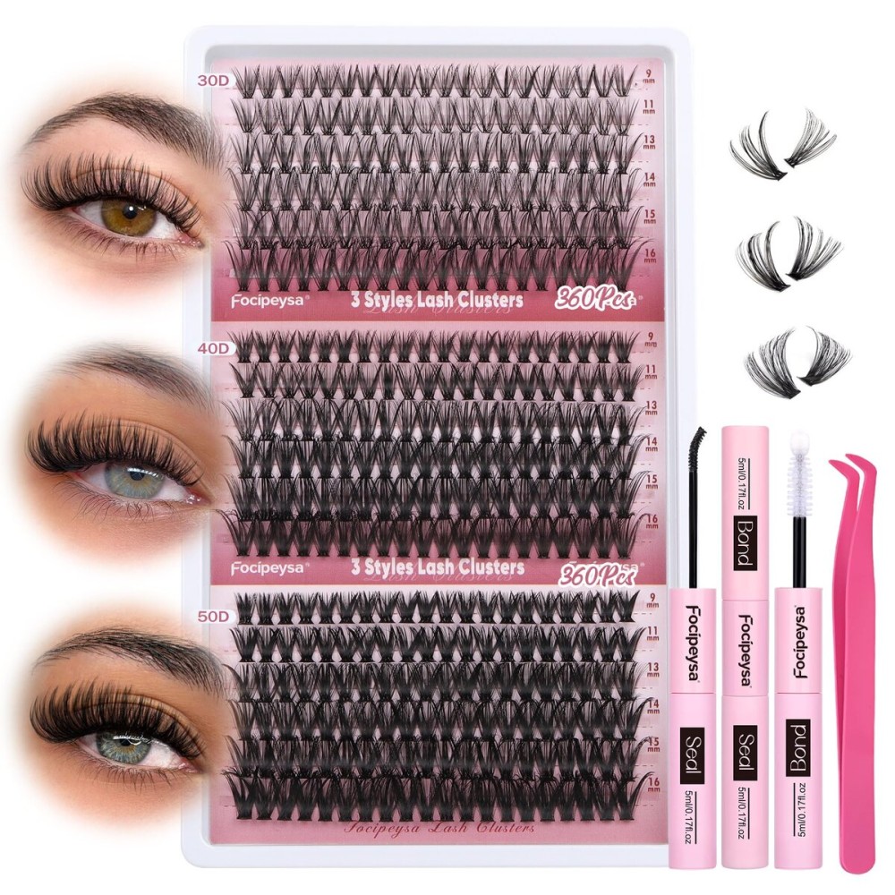 Focipeysa Wispy Lash Clusters 360pcs Eyelash Extension 30D 40D 50D Individual Lashes 9-16mm Mixed Eyelash Clusters Natural Lash Extensions with Lash Bond and Seal and Tweezers DIY Cluster Eyelashes