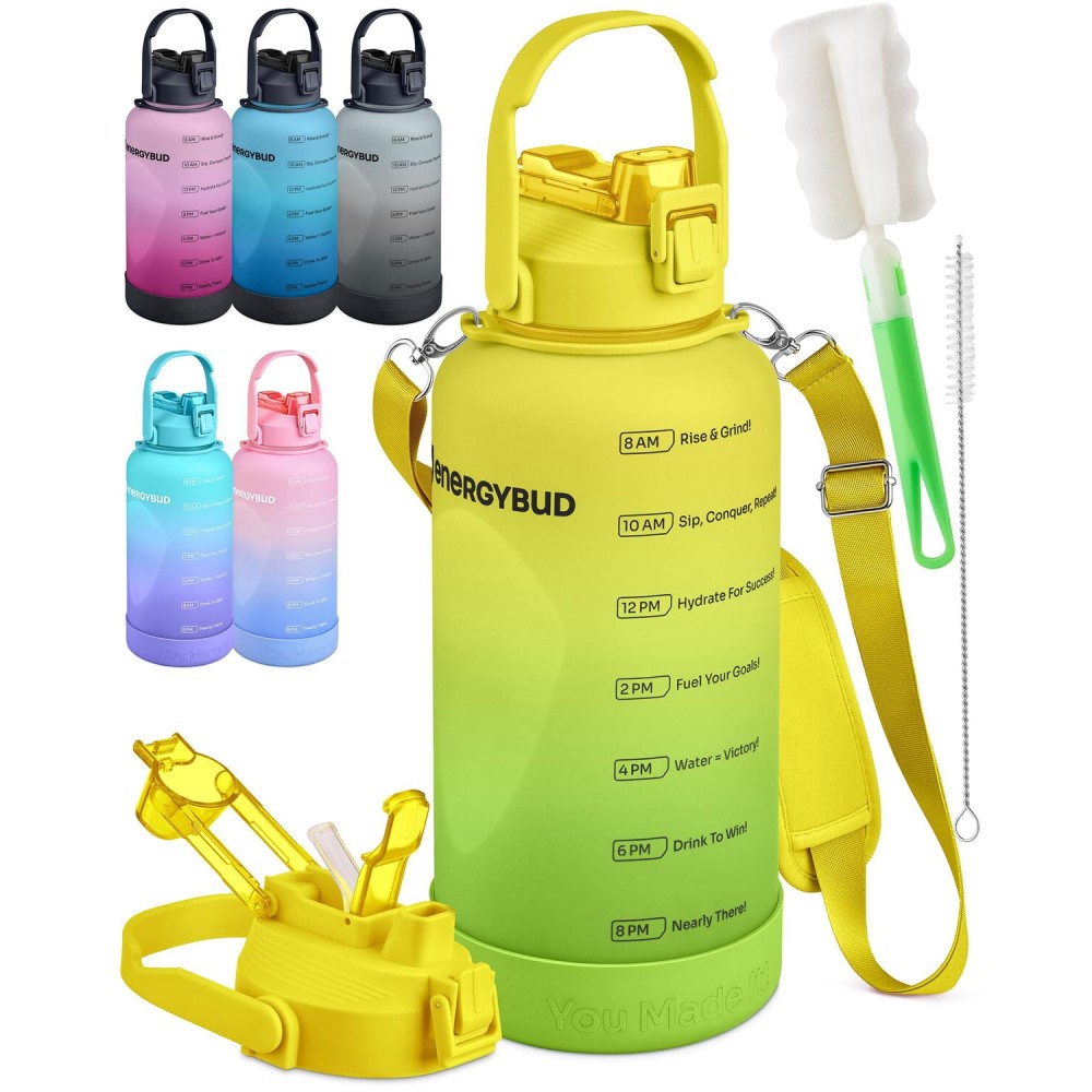 EnergyBud 1 Gallon Water Bottle Removable Straw And Handle Dishwasher-Safe BPS & BPA & DEHP Free +2 Brushes Big/Large Bottle With Time Markers Wide Mouth Leakproof 128 oz Jug (Yellow & Green)