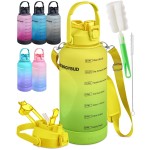 EnergyBud 1 Gallon Water Bottle Removable Straw And Handle Dishwasher-Safe BPS & BPA & DEHP Free +2 Brushes Big/Large Bottle With Time Markers Wide Mouth Leakproof 128 oz Jug (Yellow & Green)