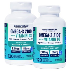 Oceanblue Professional Omega-3 2100 with Vitamin D3 - 120 ct - 2pack - Triple Strength Burpless Fish Oil Supplement with High-Potency EPA, DHA, DPA and Vitamin D3 - Wild-Caught - Orange Flavor