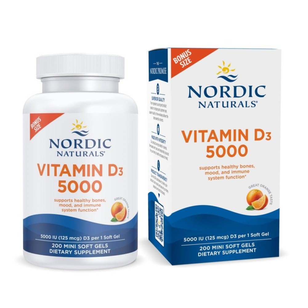 Nordic Naturals Vitamin D3 5000, Orange - 200 Mini Soft Gels - Support for Healthy Bones, Mood, & Immune System - Vegetarian - Non-GMO - 200 Servings