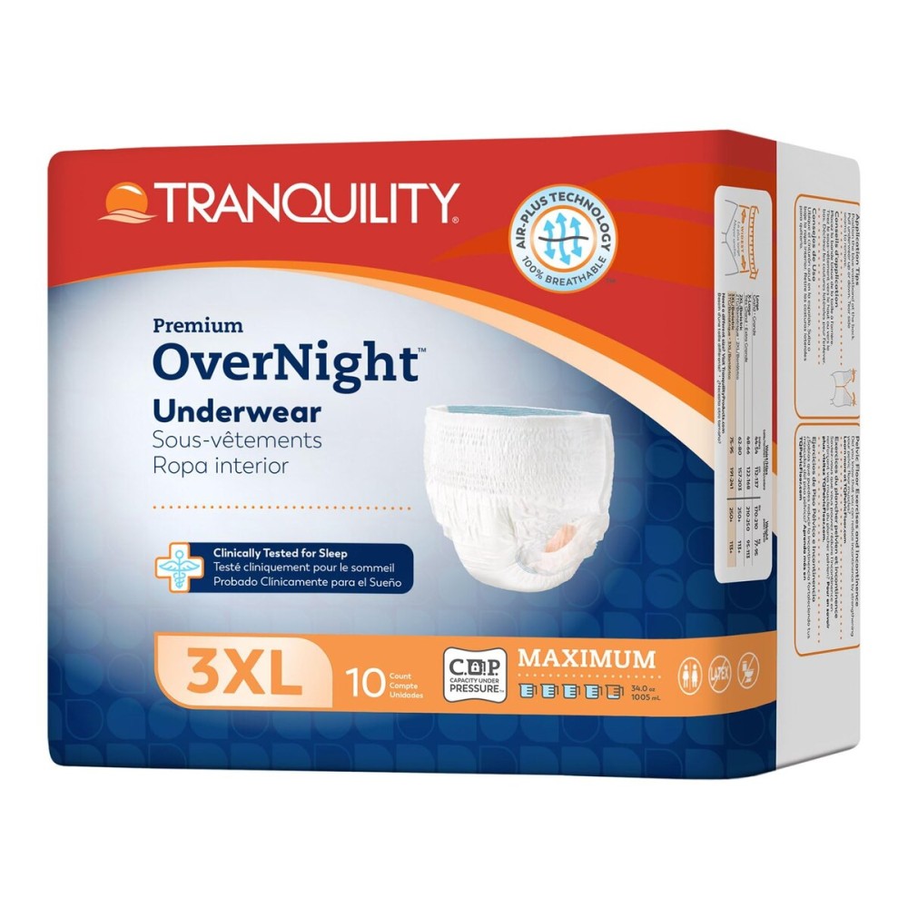 Tranquility Premium Overnight Disposable Absorbent Underwear (10 Count) - XXXL, 75-95 in. Waist - Maximum Absorbency, All-Night Sleep, Breathable Comfort, Adult Diapers