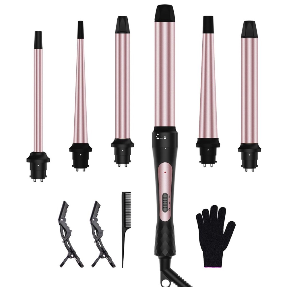6 in 1 Curling Iron, 6 Interchangeable PTC Ceramic Barrels (0.35-1.25), Curling Wand Set for Long/Short Hair, 2 Temp Heating Setting, Contain Comb & Protective Glove & 2 Clips
