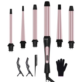 6 in 1 Curling Iron, 6 Interchangeable PTC Ceramic Barrels (0.35-1.25), Curling Wand Set for Long/Short Hair, 2 Temp Heating Setting, Contain Comb & Protective Glove & 2 Clips