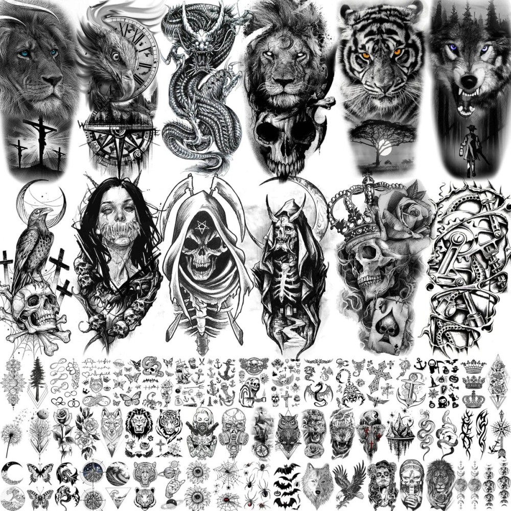 66 Sheets Black Eagle Dragon Halloween Temporary Tattoos For Men Women Thigh, Scary Tiger Lion Devil Skull Fake Tattoos For Adults, 3D Wolf Large Half Arm Sleeve Realistic Tattoo Forearm Vampire Demon