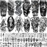66 Sheets Black Eagle Dragon Halloween Temporary Tattoos For Men Women Thigh, Scary Tiger Lion Devil Skull Fake Tattoos For Adults, 3D Wolf Large Half Arm Sleeve Realistic Tattoo Forearm Vampire Demon