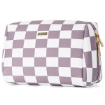 PU Leather Checkered Makeup Bag Travel Cosmetic Bag Organizer Make up Bag with Organization Pockets for Women (Large,Dusty Rose Checkerboard)