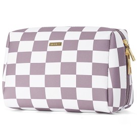 PU Leather Checkered Makeup Bag Travel Cosmetic Bag Organizer Make up Bag with Organization Pockets for Women (Large,Dusty Rose Checkerboard)