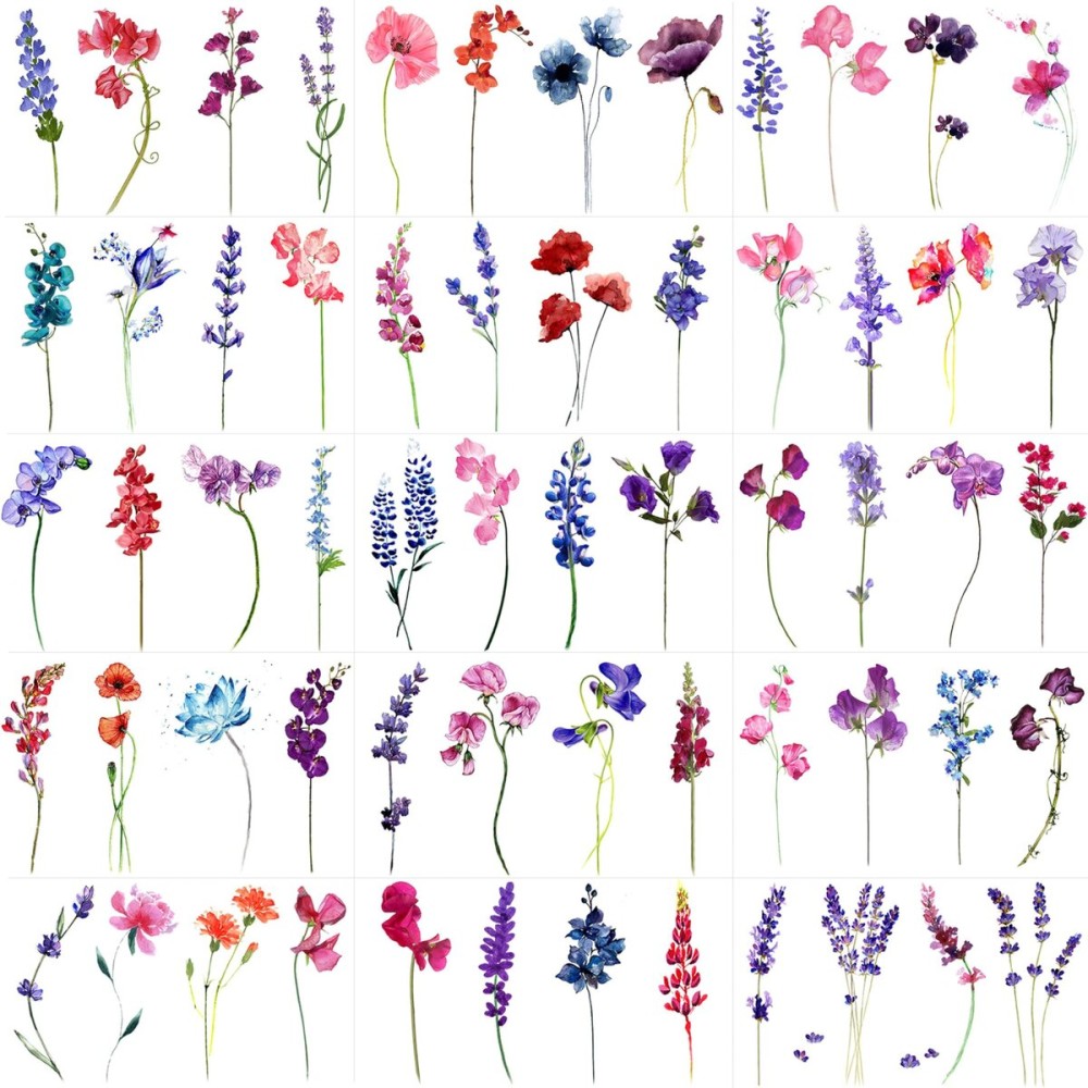 GOROMON 15 Sheets Watercolor Flower Lavender Temporary Tattoos For Women Adults, Water Color Tiny Wild Floral Tattoo Sticker, Fake Tattoos That Look Real And Long Lasting