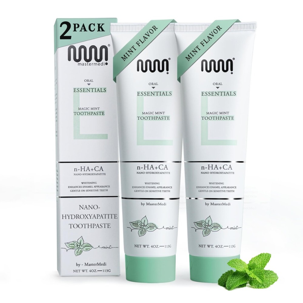 MasterMedi Nano Hydroxyapatite Whitening Toothpaste with Xylitol - Fluoride & SLS Free, Remineralizing Formula for Sensitive Teeth, Enamel Repair & Strength, Magic Mint, 4 oz (Pack of 2)