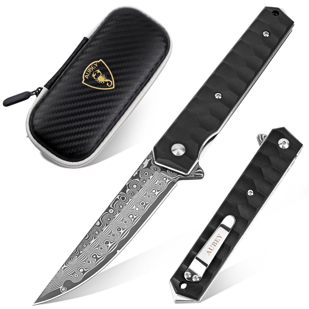 AUBEY Damascus Pocket Knife with Clip, Tanto Blade Damascus Steel Folding Knives for Men Tactical, Aluminum Handle with Glass Breaker for EDC Camping