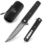AUBEY Damascus Pocket Knife with Clip, Tanto Blade Damascus Steel Folding Knives for Men Tactical, Aluminum Handle with Glass Breaker for EDC Camping