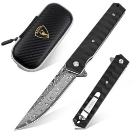 AUBEY Damascus Pocket Knife with Clip, Tanto Blade Damascus Steel Folding Knives for Men Tactical, Aluminum Handle with Glass Breaker for EDC Camping