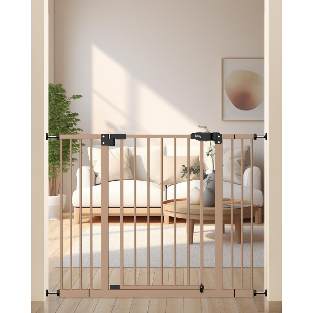 keny 29-42.5 Baby Gate for Stairs, Auto Close Safety Dog Gate, Pressure Mounted Easy Walk Through Pet Gate for Doorways, Durable Stair Gate, 30 Tall, Brown