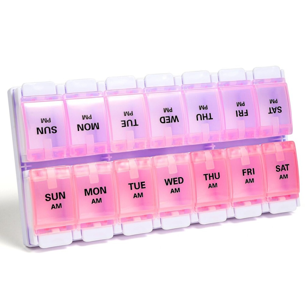 Sukuos AM PM Weekly Pill Organizer 7 Day, 2 Times A Day Medicine Pill Box with Easy Push Button, BPA Free Vitamin Cases for Fish Oil/Supplements, Easy to Clean (Purple&Pink)