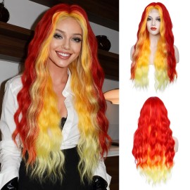 WECAN Red Orange Yellow Wig 28 Inches Long Wavy Synthetic Hair Replacement for Women - Halloween Cosplay Daily Party Heat-Resistant Fiber