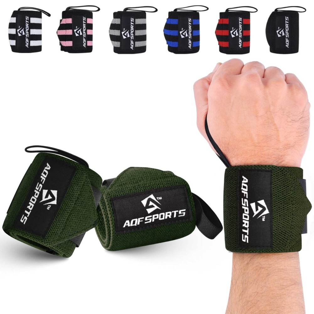 AQF Power Weight Lifting Wrist Wraps Supports with Thumb Loop for Gym Strength Training, Powerlifting, Bodybuilding and Deadlifts (Military Green, 18)