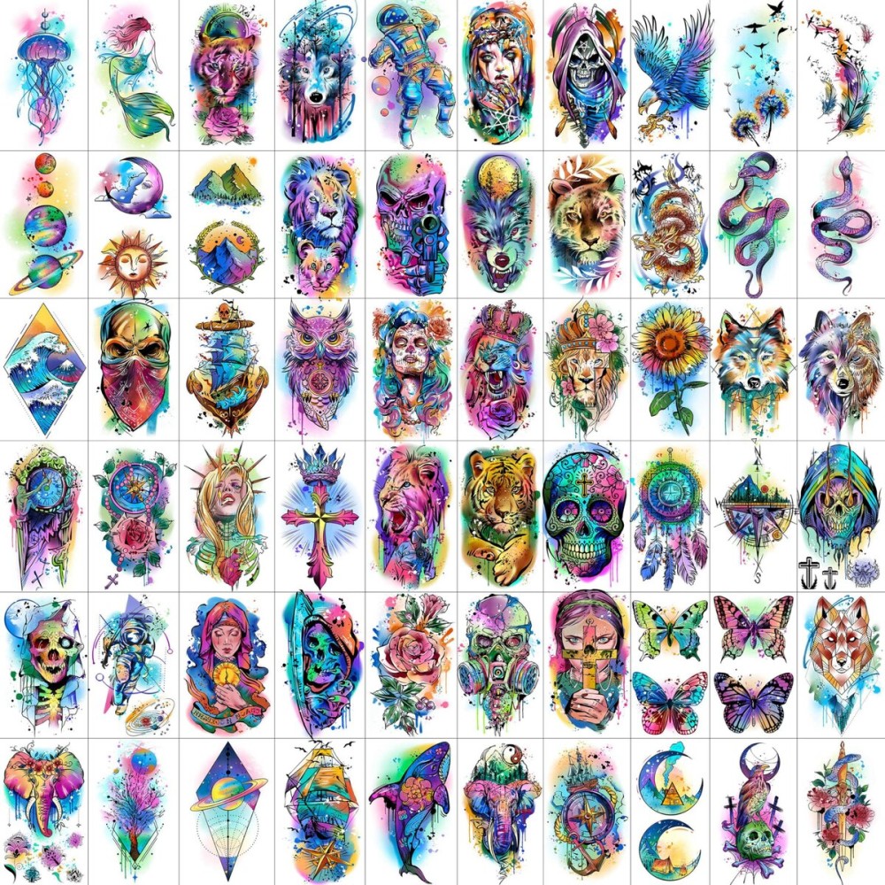 60 Sheets 3D Watercolor Temporary Tattoos For Women Men Adults, Groovy Realistic Blue Eagle Dragon Fake Tattoo Stickers Body Arm, Wolf Tiger Lion Skull Moon Colorful Fake Tattoo Halloween Snake Anchor