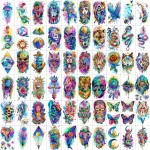 60 Sheets 3D Watercolor Temporary Tattoos For Women Men Adults, Groovy Realistic Blue Eagle Dragon Fake Tattoo Stickers Body Arm, Wolf Tiger Lion Skull Moon Colorful Fake Tattoo Halloween Snake Anchor