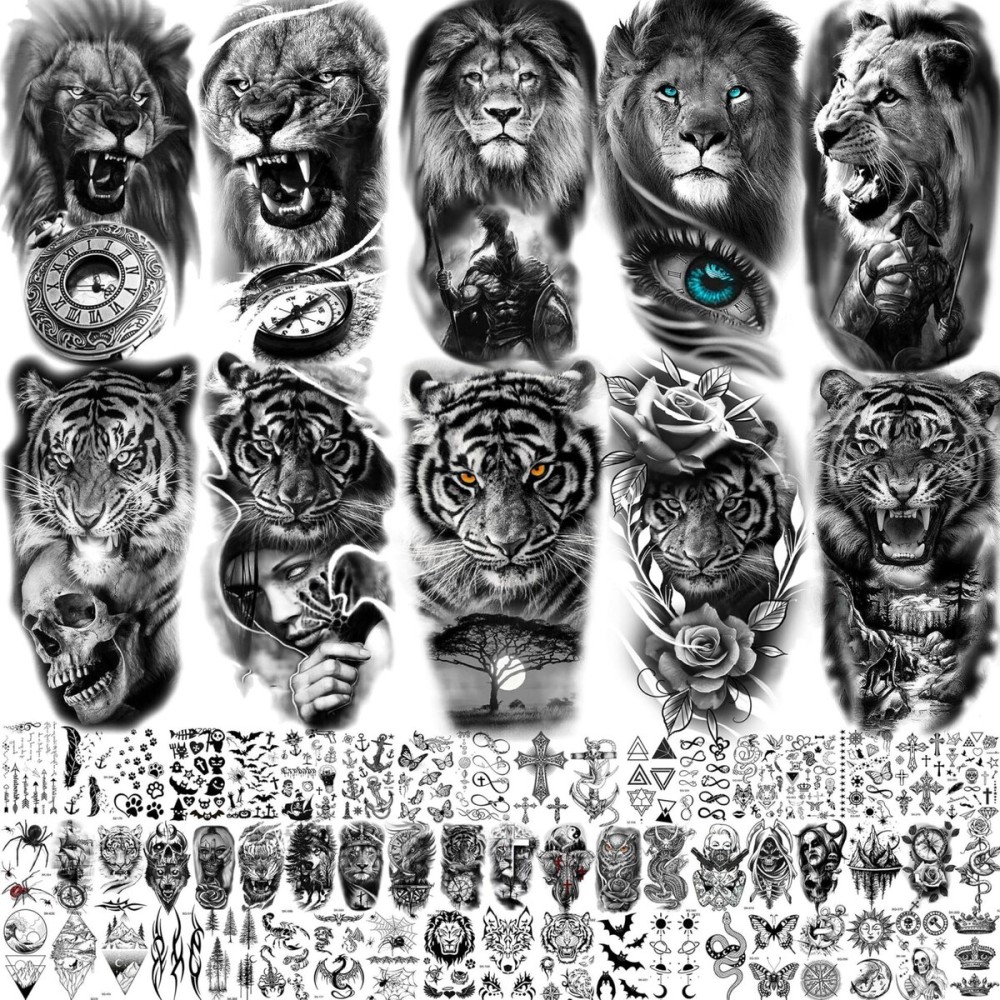 67 Sheets 3D Black Tribal Realistic Lion Temporary Tattoos for Men Women Adults, Bulk Tiger Wolf Warrior Gladiator Temp Skull Skeleton Halloween Fake Half Arm Sleeve Tattoos Stickers Legs Kit Sets
