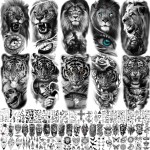 67 Sheets 3D Black Tribal Realistic Lion Temporary Tattoos for Men Women Adults, Bulk Tiger Wolf Warrior Gladiator Temp Skull Skeleton Halloween Fake Half Arm Sleeve Tattoos Stickers Legs Kit Sets