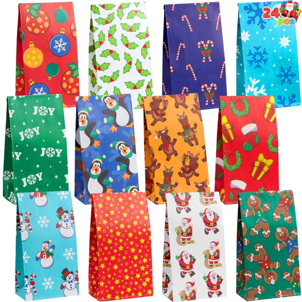 Joiedomi 24 PCS Christmas Holiday Goody Bags Xmas Party Treat White Kraft Paper Candy Bags for Classrooms Party Favors Holiday Christmas Supplies (9.75 x 3 x 5)