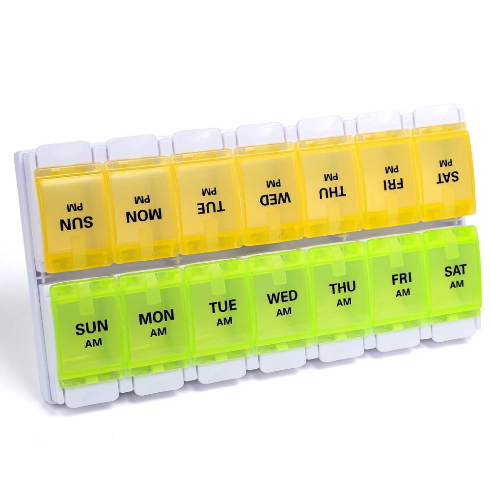 Sukuos AM PM Weekly Pill Organizer 7 Day, 2 Times A Day Medicine Pill Box with Easy Push Button, BPA Free Vitamin Cases for Fish Oil/Supplements, Easy to Clean (Yellow&Green)