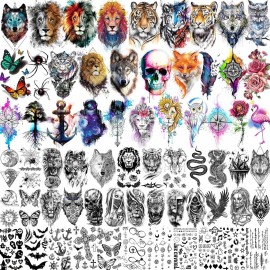 66 Sheets 3D Watercolor Animals Owl Lion Temporary Tattoos For Women Men Adults, Black Wolf Tiger Tattoo Sticker Kids Snake Eagle, Bulk Temp Realistic Fake Tattoos That Look Real And Last Long