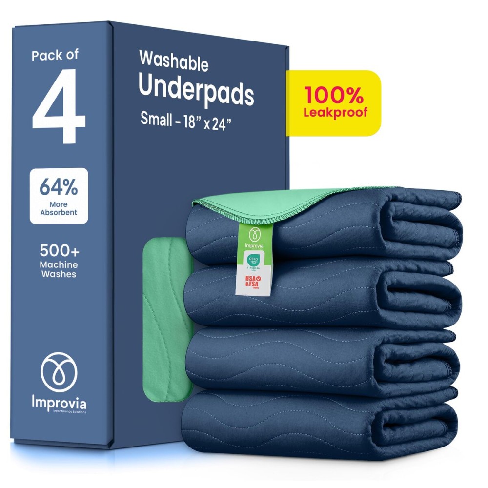 IMPROVIA Washable Underpads, Heavy Absorbency Reusable Incontinence Pads for Kids, Adults, Elderly, and Pets, Waterproof Protection Floor (Navy & Green, 18x24 (Pack of 4))