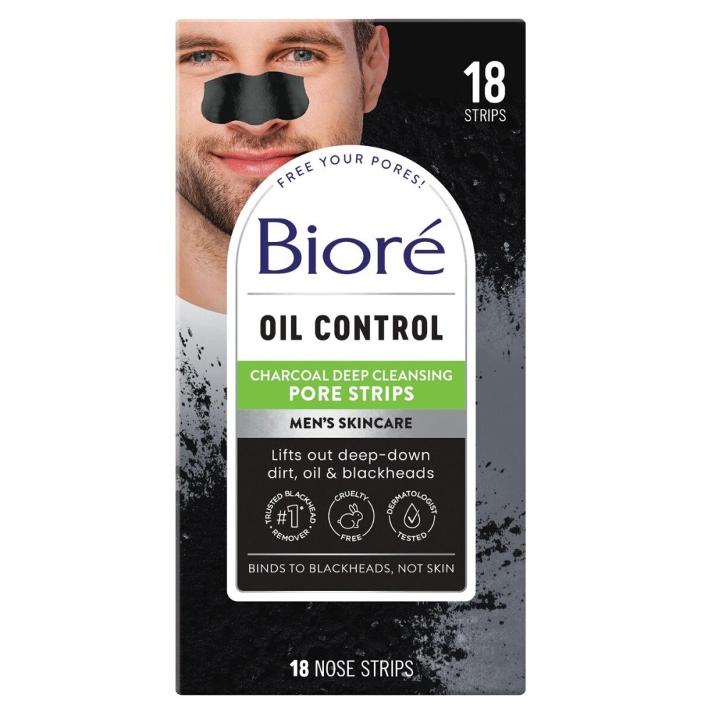 Bior Men\'s Oil Control Charcoal Deep Cleansing Pore Strips, Blackhead Strips With Charcoal for Men, Blackhead Remover Strips For All Skin Types, Pore Strips for Blackheads, 18 Count
